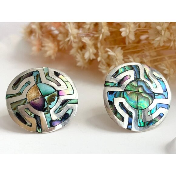 Abalone Geometric Modernist Taxco Sterling Silver Mexican Made Southwest Studs - Picture 2 of 9